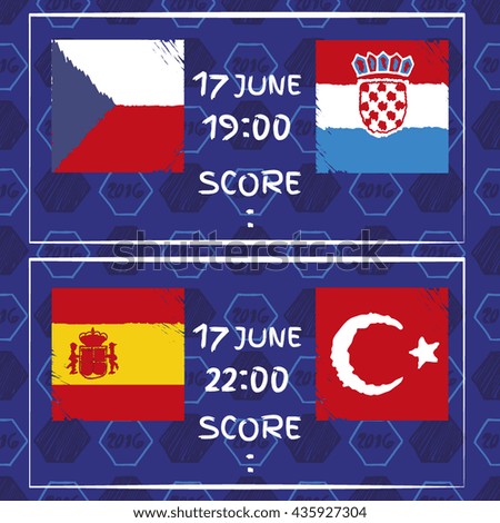 Pattern, flags, date and info for football. A soccer ball pattern and a European countries flags.