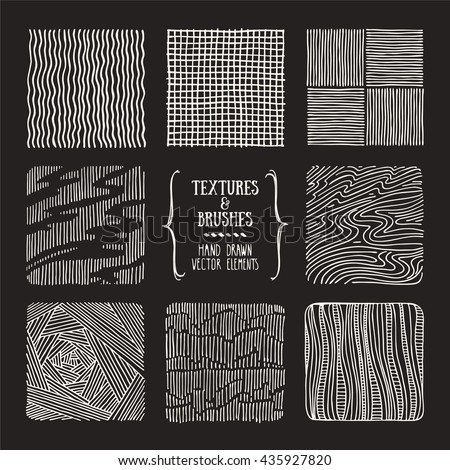 Hand drawn textures and brushes. Artistic collection of design elements: brush strokes, paint dabs, wavy lines, abstract backgrounds, hatch patterns made with ink. Isolated vector.