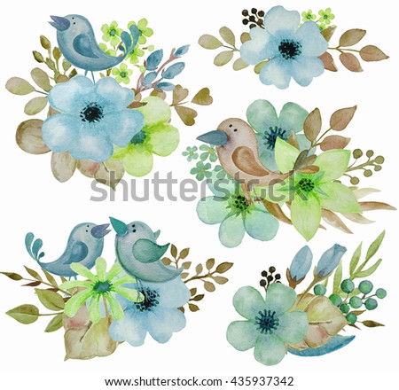 Collection of hand drawn flowers, herbs and birds isolate on white background. Watercolor art