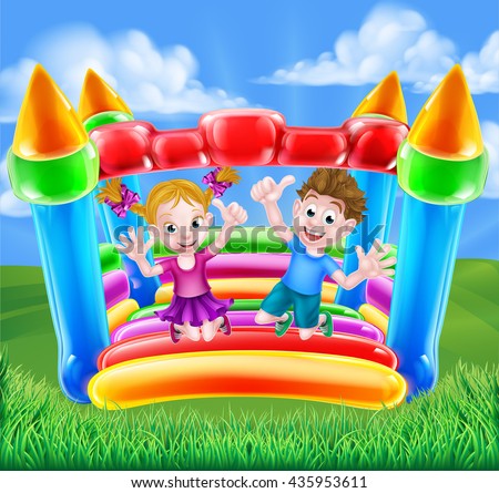 Cartoon young boy and girl having fun jumping on a bouncy castle