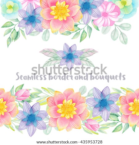 Watercolor floral border. Pastel flowers.