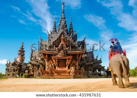 Sanctuary of Truth, Pattaya.Sanctuary of Truth, is a temple construction in Pattaya, Thailand. It is an all-wood building filled with sculptures based on traditional Buddhist and Hindu motifs. Royalty-Free Stock Photo #435987631