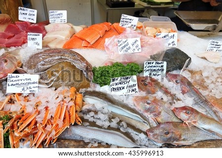 Sea food at London Borough Market, UK.