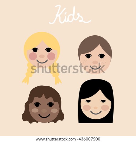 Collection of happy kids illustrators in happy faces isolated. Kids in many races.