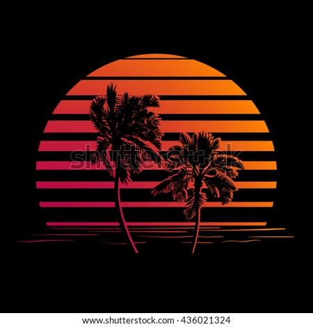 Summer holiday design. Tropic sunset. Palm trees silhouettes on black and orange stripes. Minimalistic style logo. EPS10 vector illustration.
