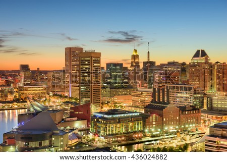 Baltimore, Maryland, USA downtown cityscape at dusk.