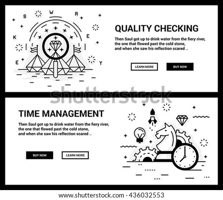 Vector concept, a set of banners for the site. Mini illustration of icons on a theme inspection skills, time management and control. Drawn in an unusual modern flat linear style.