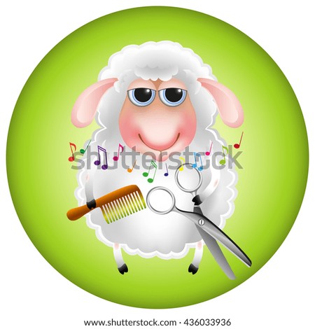 funny cartoon sheep with scissors and comb on green background. cute animal whistling melody