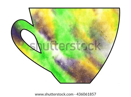 Cup of tea and coffee. Handmade. Watercolor, Mixed media. Cut paper. Tea time. Green Yellow Purple