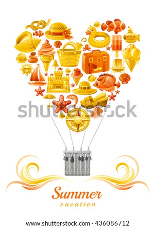 Sea travel flayer design with air balloon composed of vacation summer symbols. Concept icon set contains suitcase, sand castle, tropical fish, compass rose, ship, hat, ice cream, clogs, seashell, fish