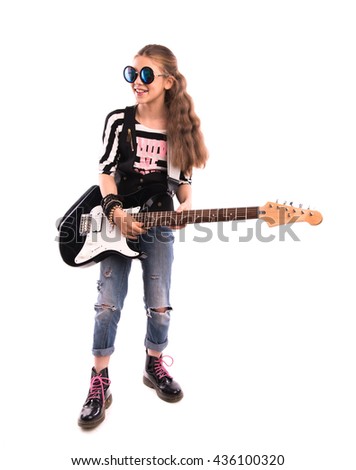 girl with a guitar on a white background