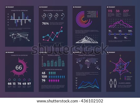 Infographics, brochures vector templates for business reports with line charts and diagrams. Chart and diagram presentation brochure, template of infographic diagram for business illustration Royalty-Free Stock Photo #436102102