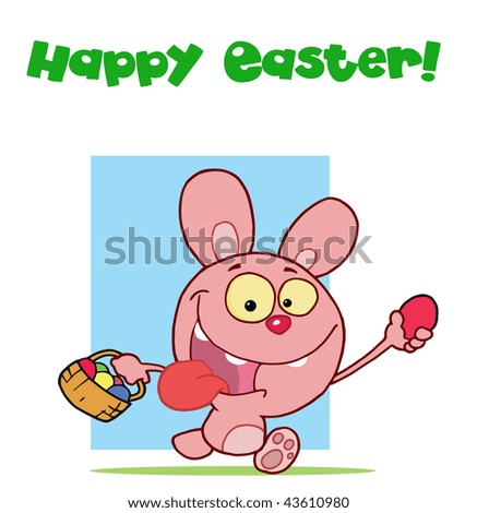 Pink easter rabbit running and holding up an egg and carrying a basket