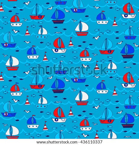 Seamless pattern with boats and ships in the sea. Vector illustration.