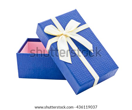 Blue open gift box with white and gold ribbon isolated on white background, Saved clipping path.