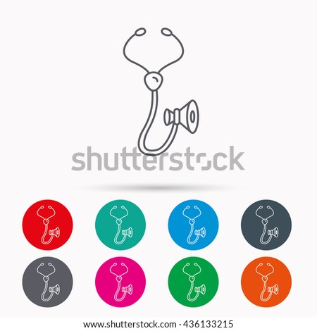 Stethoscope icon. Medical doctor equipment sign. Pulmology symbol. Linear icons in circles on white background.
