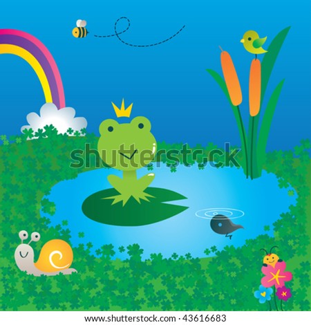King of the pond. Vector illustration of a cute frog sitting in his pond.