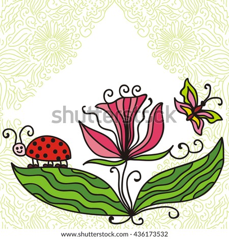 Beautiful flower with ladybug and butterfly. Vector illustration.
