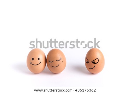 Brown chicken eggs couple with happy face and jealous character egg