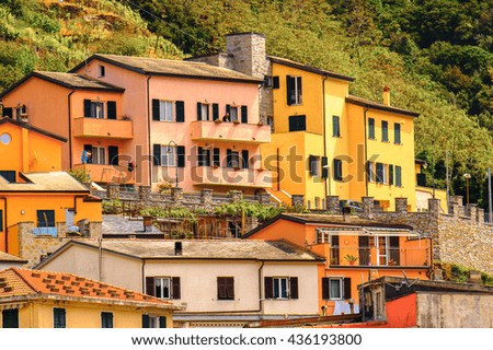 Architecture of Riomaggiore, a village in province of La Spezia, Liguria, Italy. It's one of the lands of Cinque Terre, UNESCO World Heritage Site