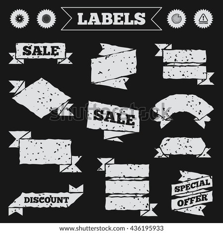 Stickers, tags and banners with grunge. Wood and saw circular wheel icons. Attention caution symbol. Sawmill or woodworking factory signs. Sale or discount labels. Vector
