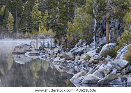 Rock Creek Lake in the fall with fog, Inyo National Forest, California, United States of America, North America