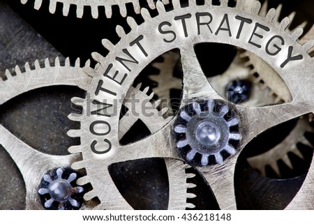 Macro photo of tooth wheel mechanism with CONTENT STRATEGY concept letters