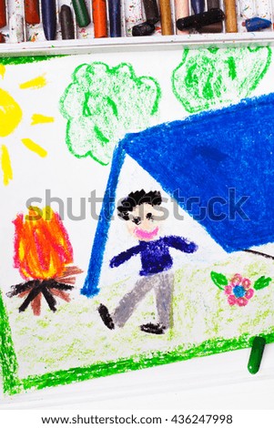 colorful drawing: boy sitting in front of a tent