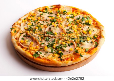 Pizza with ham and corn on the wooden isolated on white