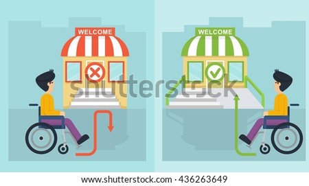 Handicapped men near the store. Special needs disabled person. Objects isolated on a white background. Flat vector illustration.