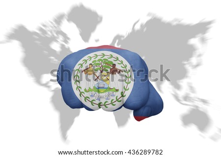 fist with the national flag of belize on a world map background