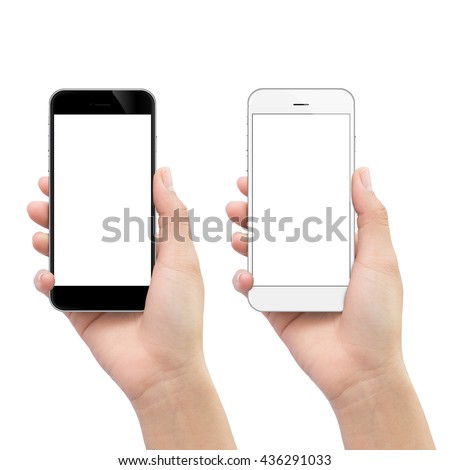 hand holding phone isolated on white clipping path inside Royalty-Free Stock Photo #436291033