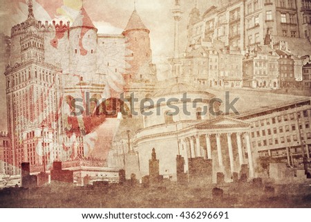 Montage photo of Warsaw on vintage paper