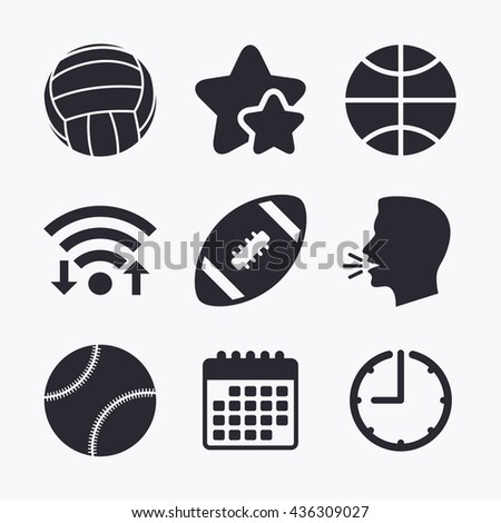 Sport balls icons. Volleyball, Basketball, Baseball and American football signs. Team sport games. Wifi internet, favorite stars, calendar and clock. Talking head. Vector