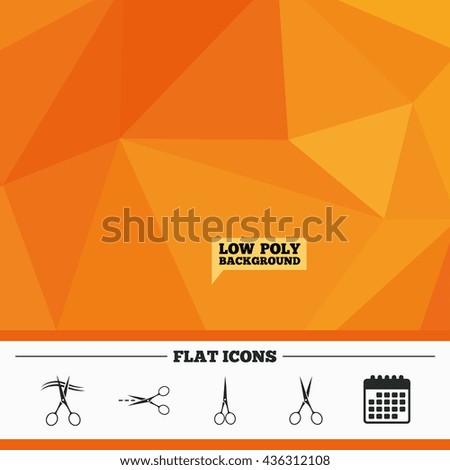 Triangular low poly orange background. Scissors icons. Hairdresser or barbershop symbol. Scissors cut hair. Cut dash dotted line. Tailor symbol. Calendar flat icon. Vector