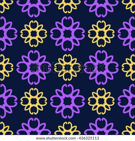 Geometric vector seamless pattern, lilac and yellow floral ornament on dark blue background. Clipping mask.