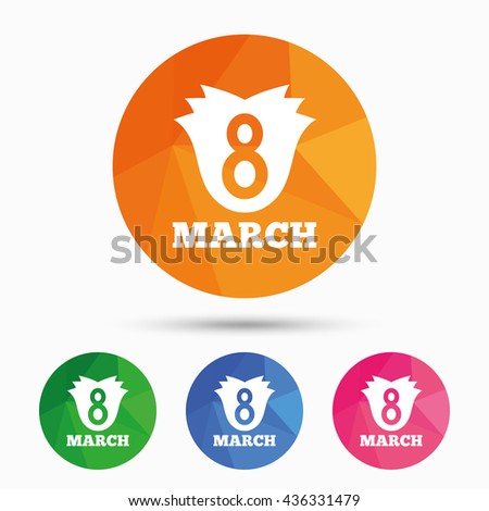 8 March Women's Day sign icon. Flower symbol. Triangular low poly button with flat icon. Vector