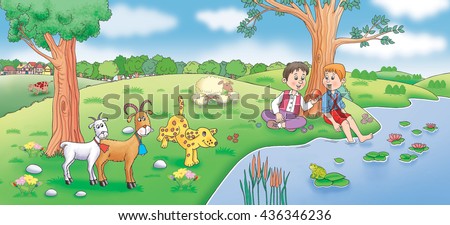 Children and farm animals on the meadow - illustration