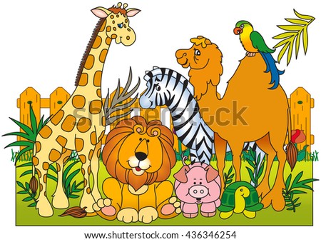 A group of wild animals in zoo - illustration