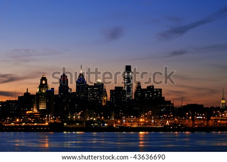 Philadelphia skyline and Penn's Landing, shown at twilight