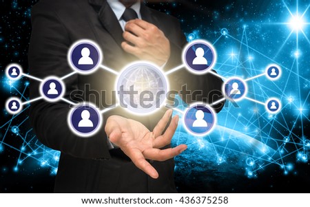 Businessman with show hand posture with the Social media symbol on Internet network concept background,Elements of this image furnished by NASA, Business network concept