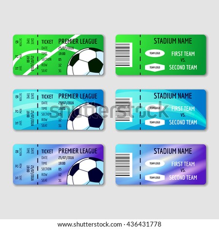 Three tickets for soccer tournament. An invitation to a football match. Vector illustration on a gray background.