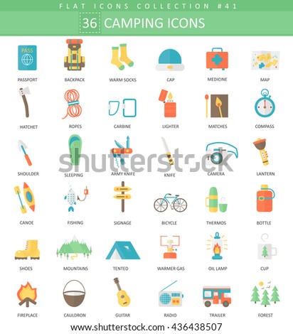 Vector Camping color flat icon set. Elegant style design. 