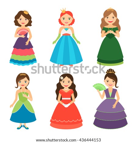 Little princess girls with tiaras in long dresses vector illustration