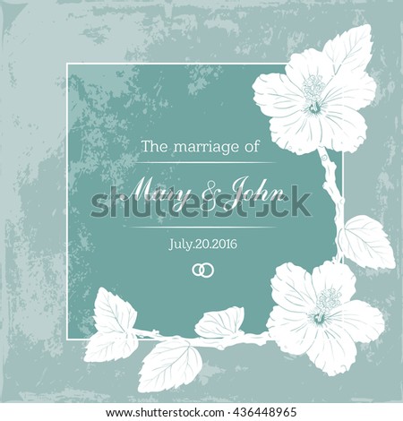Marriage design template with custom names in square floral frame. Wedding invitation with hibiscus. On a blue background