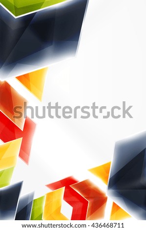 Arrows and triangles background. Vector web brochure, internet flyer, wallpaper or cover poster layout design. Geometric style, colorful realistic glossy arrow shapes with copyspace. Directional idea