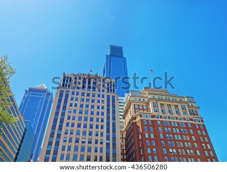 Penn Center and skyline with skyscrapers in Philadelphia, in Pennsylvania, USA. It is a central business district in Philadelphia