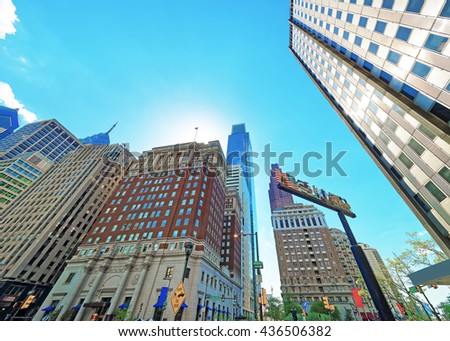 Penn Center and skyline with skyscrapers in Philadelphia, Pennsylvania, the USA. It is a central business district in Philadelphia