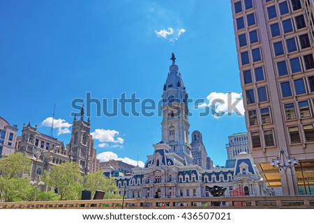 Philadelphia City Hall with William Penn sculpture on Tower. View from the street. Pennsylvania, USA.