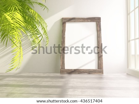 Picture mock-up in the wooden frame, interior design with palm Royalty-Free Stock Photo #436517404